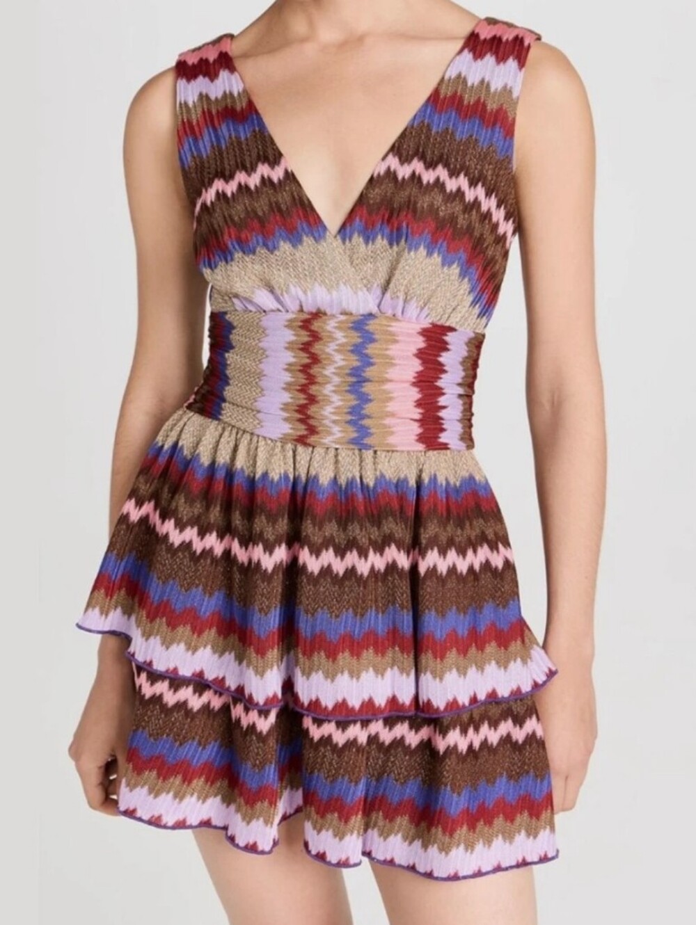 Ramy Brook Laura Mini Dress Chevron Knit ZigZag Multi Color V-neck Tiered